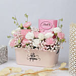 Charming Pink Basket with Flowers, Lindt Chocolates & Candle