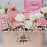 Charming Pink Basket with Flowers, Lindt Chocolates & Candle