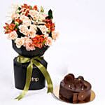 Elegant Peach & Orange Floral Bouquet with Fudge Cake