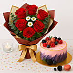 Elegant Red Rose Bouquet with Red Velvet Designer Cake