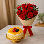 Flowers with Cake Bundle: Fruit Cake & Red Roses