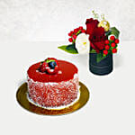 Fresh Blooms & Rocher in Round Box with Mini Mousse Cake