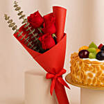 Fruit Cake With 3 Red Roses Bouquet