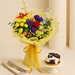 Cherished - Elegant Mix Blooms Bouquet & Blueberry Cheesecake