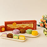 Mid-Autumn Snowskin Mooncake Box of 4 with Radiant Orange Flower Arrangement Gift Set