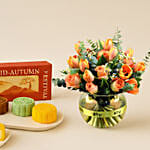 Mid-Autumn Snowskin Mooncake Box of 4 with Radiant Orange Flower Arrangement Gift Set