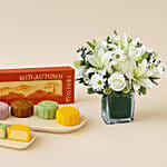 Mid-Autumn Snowskin Mooncakes Box of 4 with White Flowers Vase Gift Set