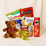 Delightful Treat In Willow Basket With Teddy
