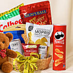 Delightful Treat In Willow Basket With Teddy