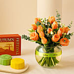 Mid-Autumn Snowskin Mooncake Box of 4 with Radiant Orange Flower Arrangement Gift Set