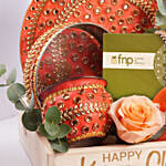 Karwa Chauth Pooja Thali Set with Flowers & Kaju Katli