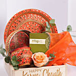 Karwa Chauth Pooja Thali Set with Flowers & Kaju Katli