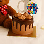 Birthday Floral Mug Arrangement with Teddy N Chocolate Cake