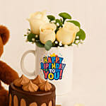 Birthday Floral Mug Arrangement with Teddy N Chocolate Cake