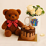 Birthday Floral Mug Arrangement with Teddy N Chocolate Cake