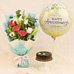 Mesmerizing Roses With Anniversary Balloon & Cake