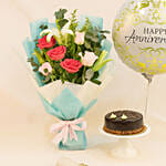 Mesmerizing Roses With Anniversary Balloon & Cake