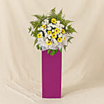 Yellow Gerberas White Pom In Beautiful Pink Stand