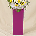 Yellow Gerberas White Pom In Beautiful Pink Stand