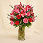 Mixed Roses Stargazer Lilies Glass Vase Arrangement