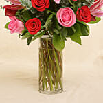 Mixed Roses Stargazer Lilies Glass Vase Arrangement