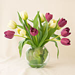 Beautiful Mixed Tulips Glass Vase