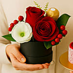 Fresh Blooms & Rocher in Round Box with Mini Mousse Cake