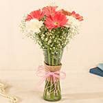 Gerberas White and Pink Carnations In Glass Vase