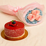 Lovely Pink Rose Baby Breath Bouquet With Mini Mousse Cake