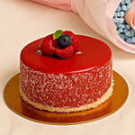 Lovely Pink Rose Baby Breath Bouquet With Mini Mousse Cake