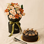 Elegant Peach & Orange Floral Bouquet with Fudge Cake