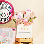 Pink Box Baby Girl Gift Set with Flowers, Balloon & Baby Care Kit