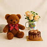 Birthday Floral Mug Arrangement with Teddy N Chocolate Cake