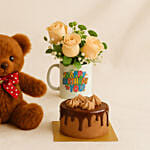 Birthday Floral Mug Arrangement with Teddy N Chocolate Cake