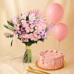 Blushes - Pink Flowers Bouquet Balloons n 8 inches Cake