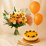 Happiness - Orange Flowers Cheesecake & Balloons