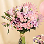 Pink Flowers Bouquet Cake & Balloons