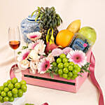 Gourmet Fruit Basket Tray with Pink Gerbera