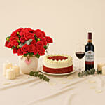 Scrumptious Red Velvet Cake with Wine and Flowers