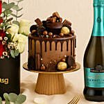 Anniversary Wishes Flower Arrangement With Cake and Wine