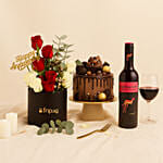 Anniversary Wishes - Flowers Cake n Wine
