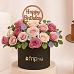 Birthday Flowers Box Arrangement and Chocolate Cake Bundle
