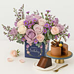Birthday Roses Vase Arrangement and Chocolate Cake