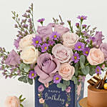 Birthday Roses Vase Arrangement and Chocolate Cake