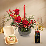 Elegant Christmas Candle Floral Bowl - Moet Mini and Bento Xmas Cake