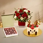 Xmas Red Floral Vase with Reindeer Cake & Truffles Combo