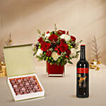 Xmas Red Floral Vase with Wine & Truffles Set