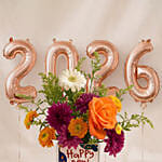 New Year Floral Arrangement with 2026 Balloons Gift