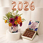 New Year Flowers Chocolate n Balloon Celebration Set