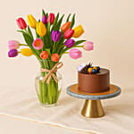 Heavenly Multicoloured Tulips Vase and Cake